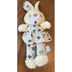 VTG Race Car Checkered Flag Dress‎ 12" Plush Bunny Rabbit Blue Eyes Jellybean